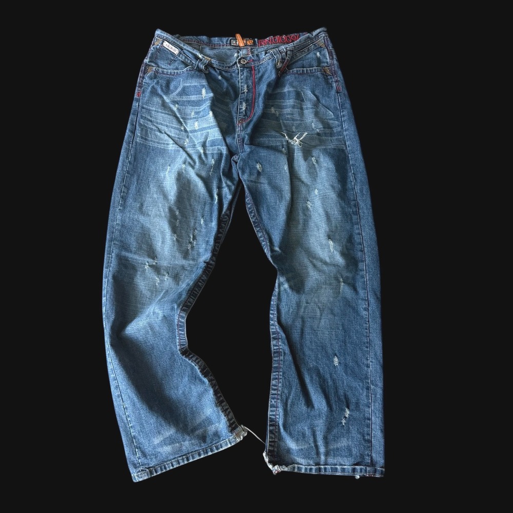 Akademiks Mens Baggy Distressed Jeans Blue 39x31‎ Y2K Hip Hop 90's Loose Fit
